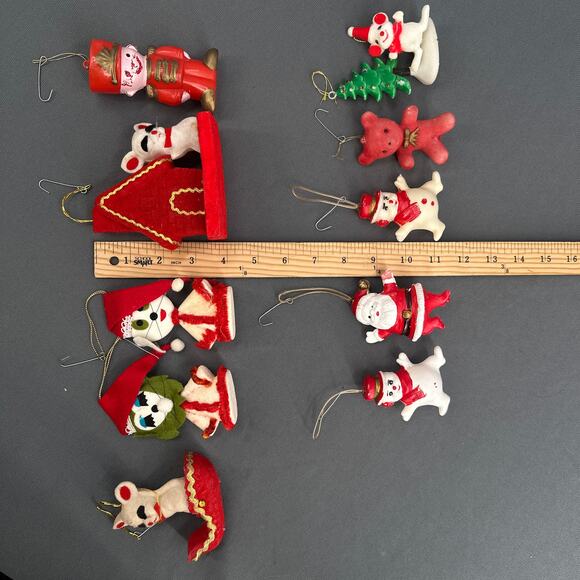 10 VTG 1950s Flocked Felt Christmas Ornaments Mice Cat Snowmen Santa MCM Kitschy - Picture 16 of 16